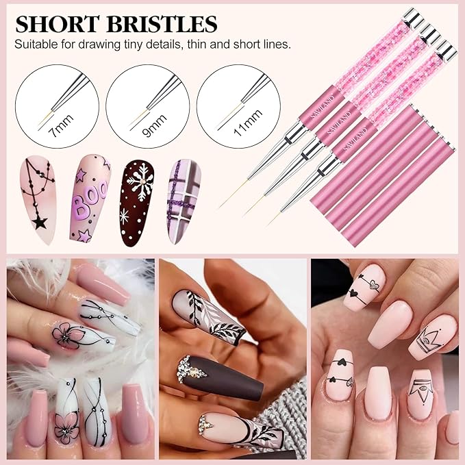 SAVILAND 6pcs Nail Art Liner Brushes & 5pcs Multi-Size Dotting Tools Set - Nail Brush Gel Polish Painting Nail Art Design Brushes Pen with Crushed Diamond Rhinestone Handle for Pulling Lines
