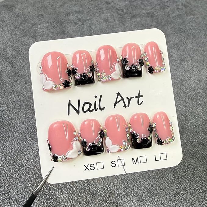 Handmade Press on Nails Square Short Fake Nails Black French Tip with 3D Bow Designs Rhinestones luxury Glossy Cute Acrylic Nails for Women 10pcs (Size M）