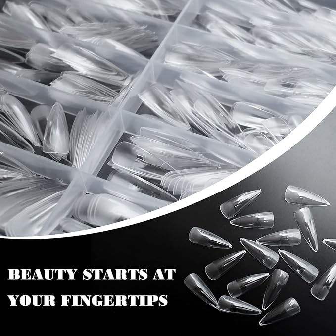 LoveOurHome 600pc Soft Gel Stiletto Nail Tips Pointy Fake Nails Clear Press on Nails Long Full Cover Acrylic Nails Stiletto False Artificial Fignernails 12 Sizes for Acrylic Gel Nail Extension