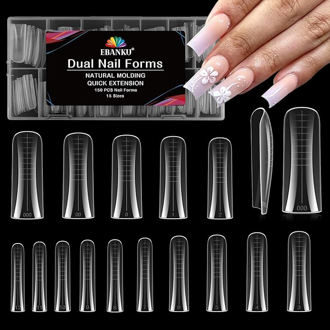EBANKU Dual Nail Forms for Poly Extension Gel, 150 PCS Duck Nail Molds Reusable 15 Sizes Nail Extension Forms for Builder Gel Manicure Design Salon DIY