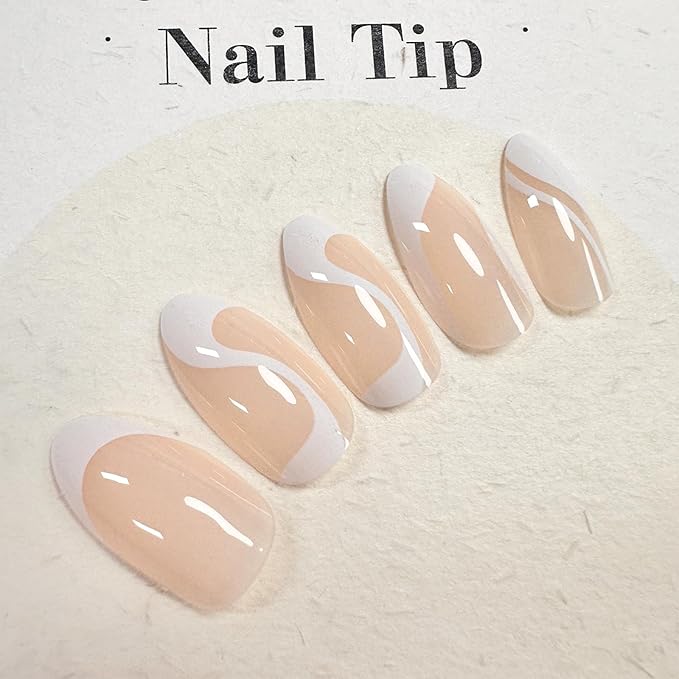 White French Tip Press on Nails Medium Almond Fake Nails Nude False Nails Press ons with Swirl Wave Line Designs Glossy Full Cover Glue on Nails Acrylic Stick on Nail for Women Manicure 24Pcs
