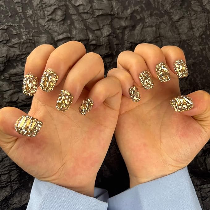 Trendy Handmade Press On Nails Short Square Shape,10Pcs Bling Bling Acrylic Fake Nails with 3D Rhinestone Luxury Design Stick On Nail for Woman Gift(AKA 016, Medium)