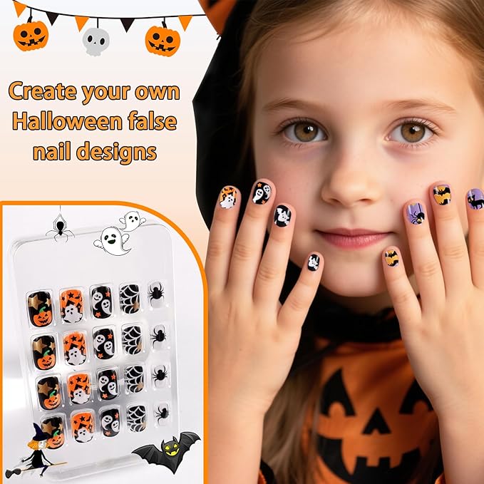 SIUSIO 6 Pack Press on Nails kids Children Acrylic Fake Nails Cute Pre-glue Full Cover Gradient Color Rainbow Short Stick On False Nail Art Kits Set for Kids Little Girls - Halloween Ghost