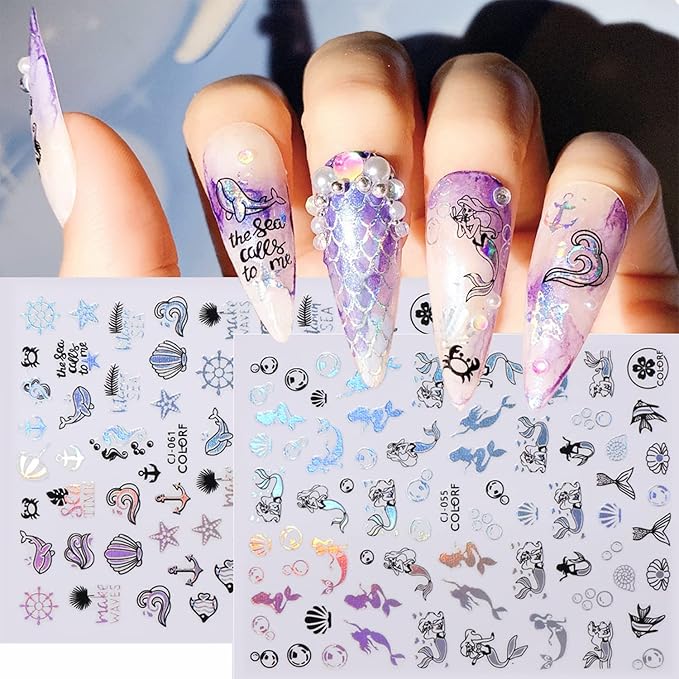 Silver Summer Nail Art Adhesive Sticker, Holographic Seaside Beach Nail Stickers Design, Mermaid Coconut Tree Flowers Leaf Animal Nail Art Decals for Women Manicure Charms Decor, Summer Transfer Decal
