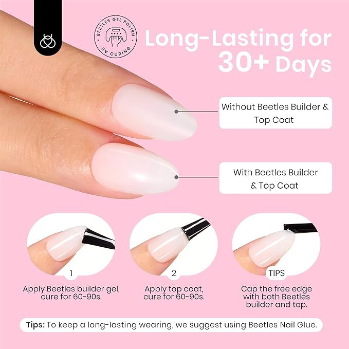 Beetles Press On Nails Short Almond - 4 in 1 Matte Milky White Soft Gel Nail Tips 224PCS Pre-Applied Tip Primer Nails Press ons 16 Sizes Glue on Nails-Perfect for Girls&Women