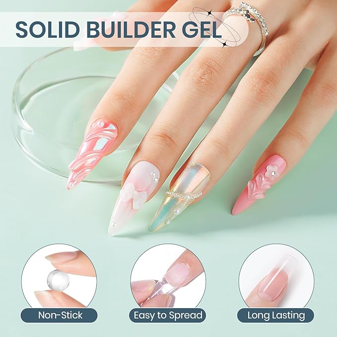 3 Colors Solid Builder Gel for Nails Extension Non Stick Hand Hard Gel with Dual Form 3D Nail Sculpture Gels Nail Strengthen for Home DIY Nails Salon