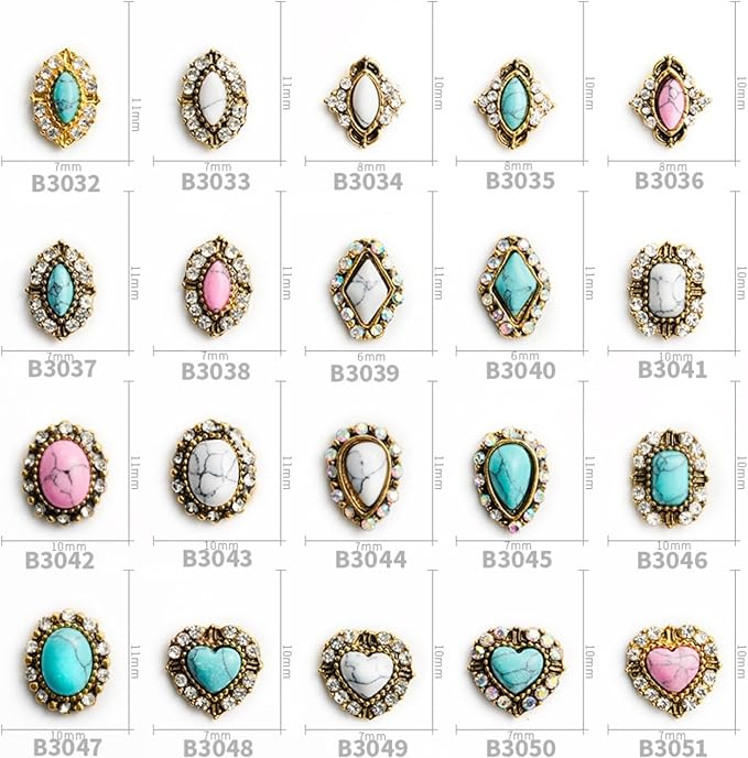 3D Turquoise Western Nail Ornament Mix Blue, White, and Pink Turquoise Charms Nail Art Gemstone Nail Art Jewelry Flower Heart Acrylic Nail Phone Case Card Women's DIY Decoration Products Home (20pcs)