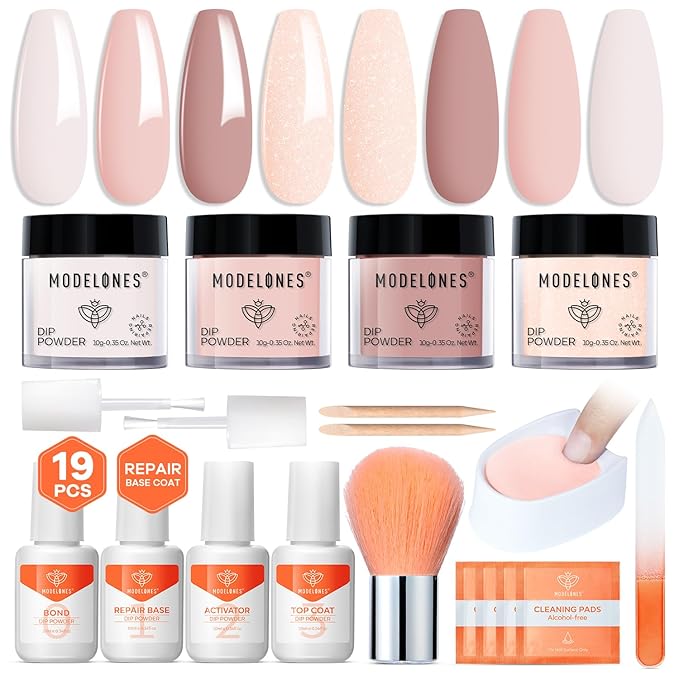 Modelones Dip Powder Nail Kit, 4 Colors Spring Summer Nude Pink Glitter Dipping Starter Set with Liquid and Complete Accessories for French Nails Art Salon DIY at Home Manicure