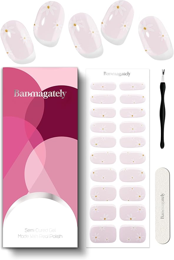 Semi Cured Gel Nail Strips, 20Pcs Long Lasting Salon Quality Wraps, Easy Apply & Remove Gel Nail Stickers with UV Light (Petal Pink Blossoms)