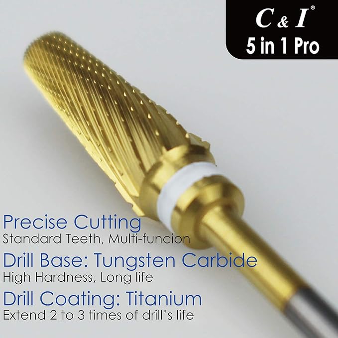 C & I 5 in 1 Nail Drill Bit, Mixed Sizes Edition, Cross Teeth, 2 Way, Professional Multi-function Nail Drills for Electric Manicure Drill Machine, Shank 3/32” (Pro)