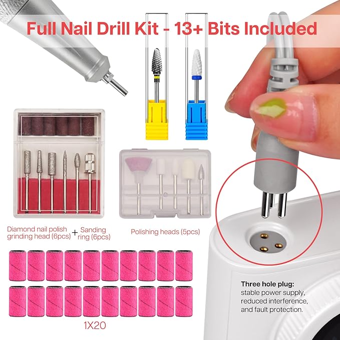 Professional Nail Drill with Charging Dock & Ceramic/Tungsten Bits, 45000RPM Stepless Speed Cordless Efile for Fast Acrylic Gel Removal, Electric Nail File Machine for Home Salon Use (White)