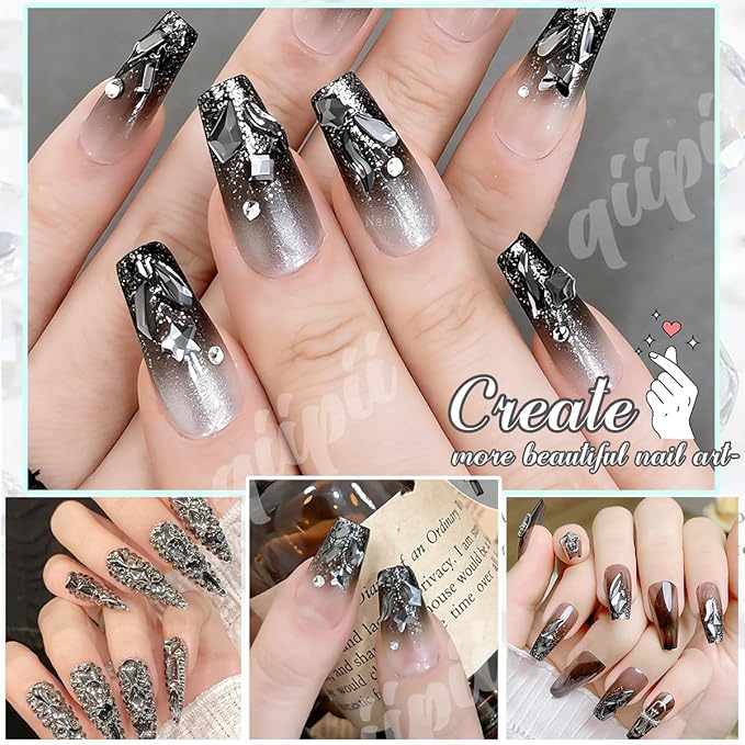 2052Pcs Black Diamond Nail Rhinestones Multi Shapes Crystals Flatback K9 Glass Dark Gray Stones Gems Round Beads Jewels Crystals Charms for Nails Face Eyes Makeup Shoes Crafts Tumblers Bottles