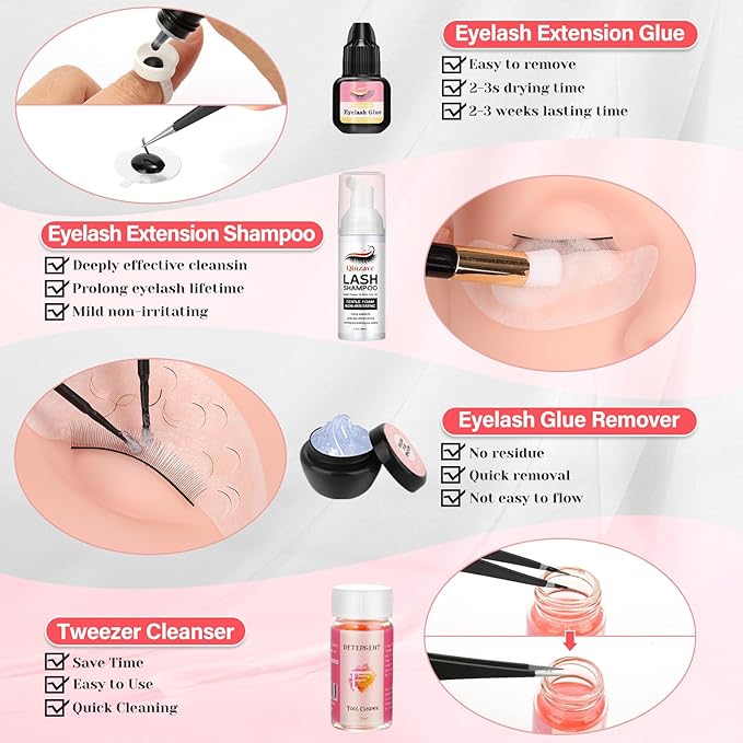 Lash Kit for Eyelash Extension Beginners Eyelash Extension Kit with Lash Mannequin Head, Eyelash Extension Practice Starter Kit with Everything USB Fan Lash Glue False Eyelash Lash Shampoo