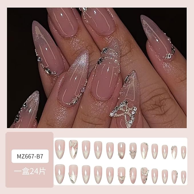 Medium Press on Nails Almond Fake Nails Ombre French Tip Artificial Nail Cute with Butterfly Designs Stick on Nail for Women 24pcs