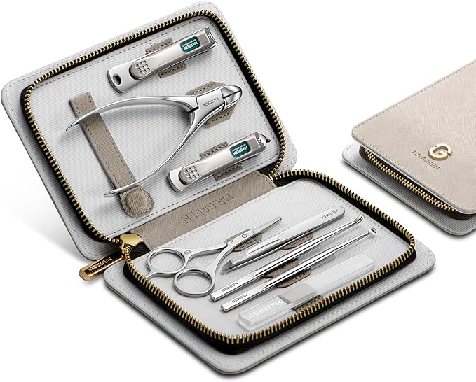 MR.GREEN Fashion Imprint Manicure Sets Professional Nail Clipper Set Personal Care Tool Kits Nial Cutter Gift With Leather Case (Beige(8Pcs Set))