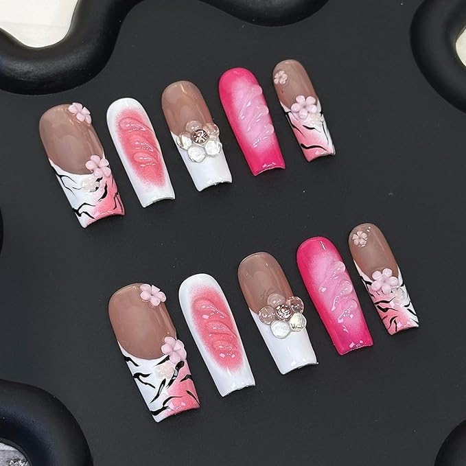 Handmade Press on Nails Long Square Shaped Fake Nails with 3D Rhinestones Flower Design Thick Acrylic and Muti-Layer Gel False Nails White French Tip Full Cover Acrylic Nails for Women (Size S)