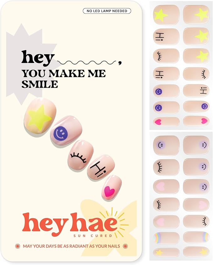 Heyhae Semi Cured Gel Nail Strips | No LED Lamp Needed | Spring, Marble, Pink | Easy Apply & Remove, Salon Quality | Includes 1 Prep Pads, Nail File & Wooden Stick - Hey, You Make Me Smile