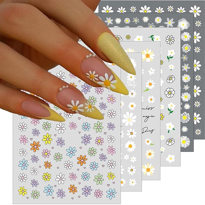 6 Sheets Daisy Nail Art Stickers, Charming Flower Chrysanthemum 3D Trendy Design Self-Adhesive Spring Nail Art Decals, DIY Manicure Decoration Supplies Accessories for Women Girls