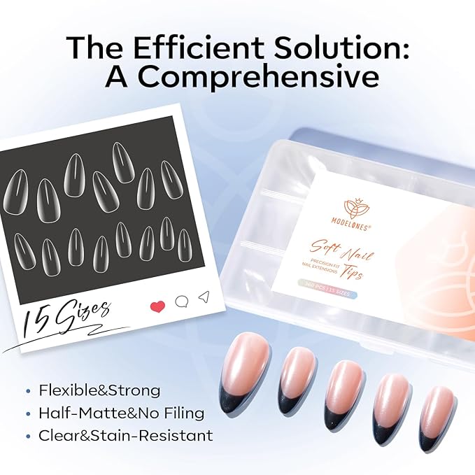 modelones Medium Almond Gel Nail Tips, 360pcs Pre-shaped Clear Fake Nails Press On Full Cover 15 Sizes Acrylic Gel Tips for Extension Salon