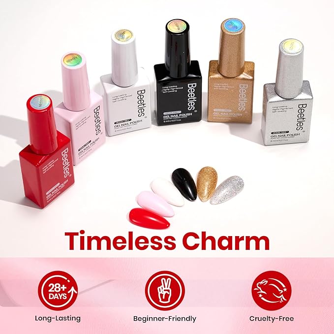 Beetles 22 Pcs HEMA-Free Gel Nail Polish Kit with U V Light - 6 Color Pink Black White Red Shiver Glitter Gel Polish Set Timeless Charm Gift-Ready Package Salon Manicure Kit Women Girls Teens Gifts