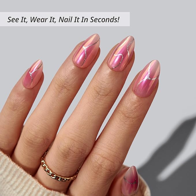 BTArtbox Press On Nails Almond - Neon Gradient, Pink Chrome Short Press On Nails with Glue and Adhesive Tabs for Women in 16 Sizes - 32 Soft Gel Glue On Nails Kit