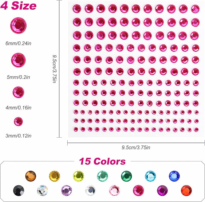 Rhinestone Stickers 2478Pcs Self Adhesive Facial Gem Stickers,4 Sizes 15 Colors for DIY Decorative Crafts, Nails, Makeup Festival, Holiday Cards