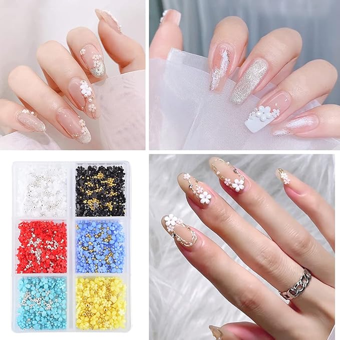 Mixed 3D Flower Nail Charms and Metal Caviar Beads, Acrylic Resin Flowers Nail Design Gold Silver Nail Ball Beads for DIY Decoration Nail Craft Accessories With Pickup Pencil(Bright Colors)