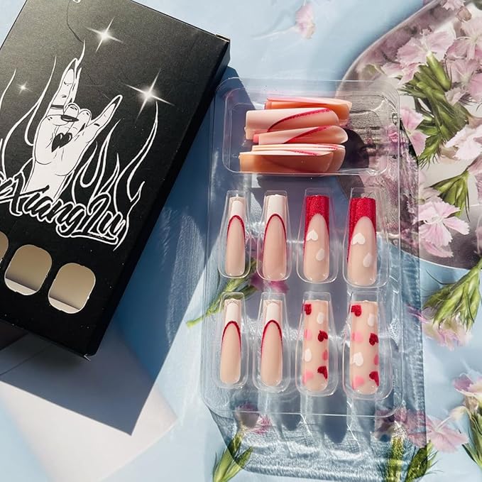 Valentines Press on Nails Long Coffin False Nails Pink Glitter French Tip Glue on Nails Glossy Deigns Heart Fake Nails Valentines Nails Tips Full Cover Acrylic Nails for Women Girls 24Pcs