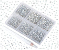 Bymitel 7200 Pieces 6 Mixed Sizes Glue Fix on Glass Rhinestones Round Crystal Gems Flatback for DIY Jewelry Making with one Picking Pen(6-Sizes 7200PCS, White Opal)