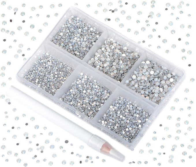 Bymitel 7200 Pieces 6 Mixed Sizes Glue Fix on Glass Rhinestones Round Crystal Gems Flatback for DIY Jewelry Making with one Picking Pen(6-Sizes 7200PCS, White Opal)