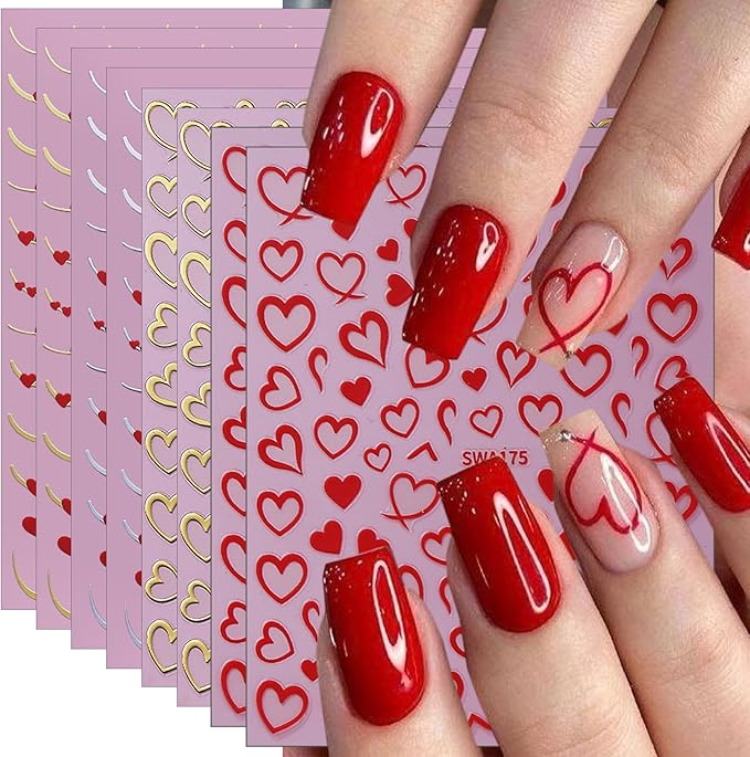 8 Sheets Valentines Nail Art Stickers 3D Self-Adhesive Hollow Heart Nail Decals Red Heart French Tip Nail Stickers Valentines Day Nails Art Decorations for Women Holiday DIY Nails Supplies