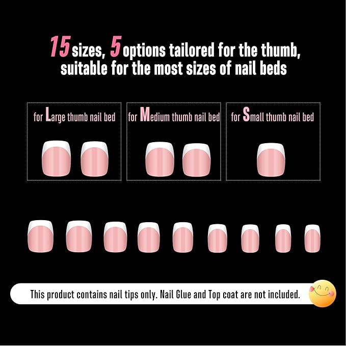 NOVO OVO Short Square Round White French Tip Nail Tips Press on BABY PINK, Extra Thick Full Cover False Fake Nails, Need Builder Gel Top Coat & Glue, for Salon DIY Acrylic Extension x 15 Sizes 240 pcs