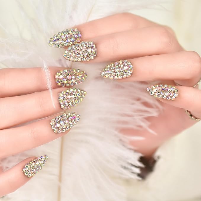 Handmade Nails 24pcs Full Cover 3D Rhinestones Press On Nails Almond Medium Length Nails Women Girls Gifts Salon Manicure Shiny Crystal Nail Art Tips Fake Nails Reusable Acrylic False Nails