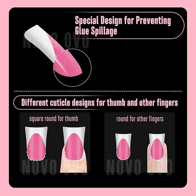 NOVO OVO Short Duck Nail Tips French Tip Press On ROSE PINK with Glitter, Soft Gel Nail Extension, Need Buider Gel Top Coat, No Glue included, Full Cover Acrylic False Nails for DIY x 12 Sizes 240 pc
