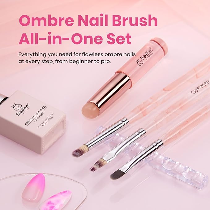Beetles Blooming Gel and Nail Art Brushes Set - Ombre Nail Brush Gradient Stipple Clean Up Fingernail Art Pens and Silicone Dotting Tool for Gel Polish Blush Marble Chrome DIY Manicure Designs