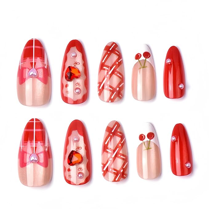 24Pcs Valentines Day Press on Nails Medium Almond Red Fake Nails Nude False Nails with Bow Cherry Pearls Design Red Heart Rhinestone White French Glue on Nails Artificial Stick on Nail for Women