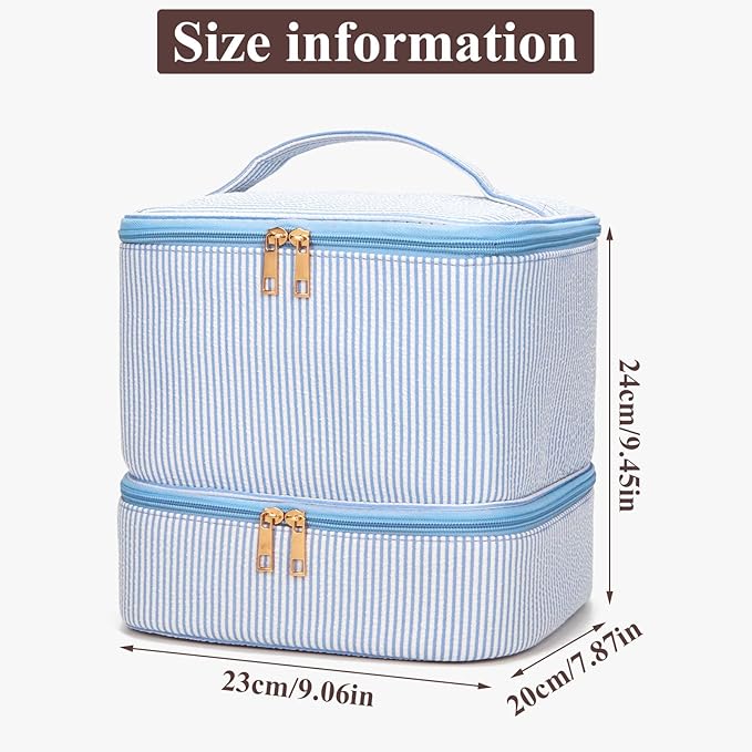 Nail Polish Organizer Aesthetic Nail Organizers and Storage, Bow Nail Supplies Kit Organizer Travel Carrying Case for Manicure Tools (Stripe Blue, 2 Layer)