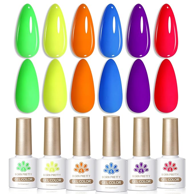 Born Pretty Neon Gel Nail Polish Spring Summer Bright Rainbow Colorful Fluorescent Gel Polish Yellow Green Blue Purple Red Orange Color Gel Nail Polish Collection Gift 6PCS