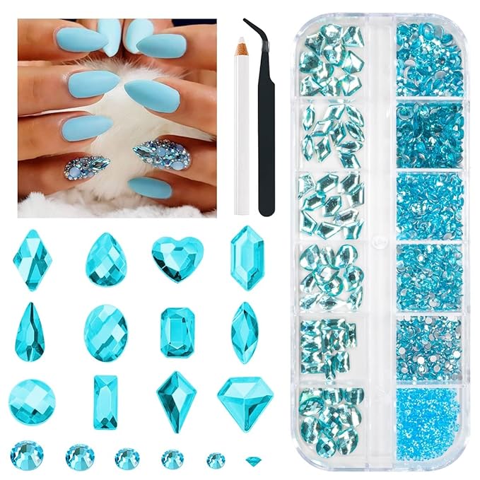2052Pcs Aquamarine Nail Rhinestones Water Blue Diamonds 72 Multi Shapes Big Gems +1980 Flatback Round Beads K9 Glass Lakeblue Crystals Jewels Nail Art Charms for Nails Faces Eyes Makeup Women