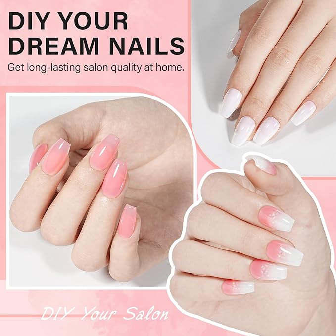 AILLSA Nail Tips and Glue Gel Kit Short Coffin Nail Tips 240pcs with 2 In 1 Nail Glue Base Coat and Nail Dehydrator, Gel Extension Nail Kit with U V Light Top Coat for DIY Home Salon