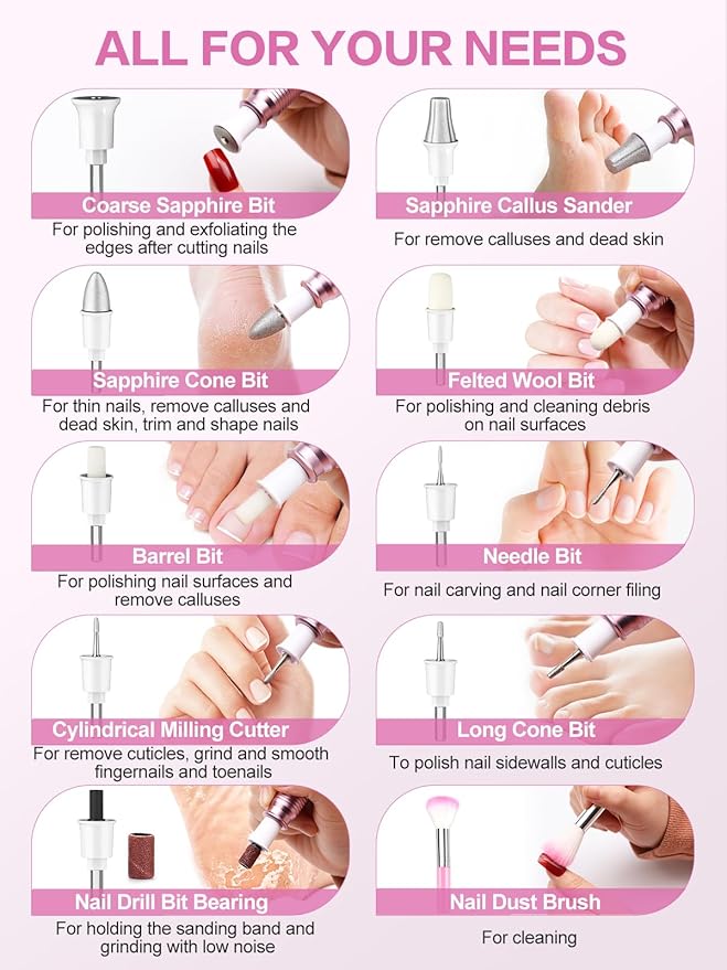 Subay Professional Manicure Pedicure Kit, Electric Nail Drill Set with LED Display, 25000RPM, 11-Piece Attachments Plus 20 Sanding Bands, Nail Grinder Tool for Women Men Baby Pets, with Dust Brush