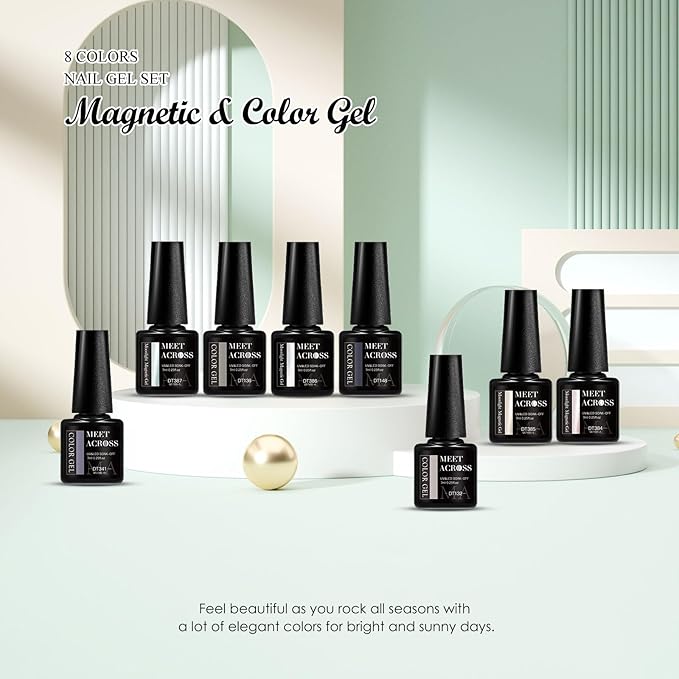 MEET ACROSS 8pcs Gel Nail Polish Set, Soak off UV LED Lamp Gel Nail Polish Cat Eye Set Home Gel Manicure Kit 7ml (Cat Eye + color Gel-3)
