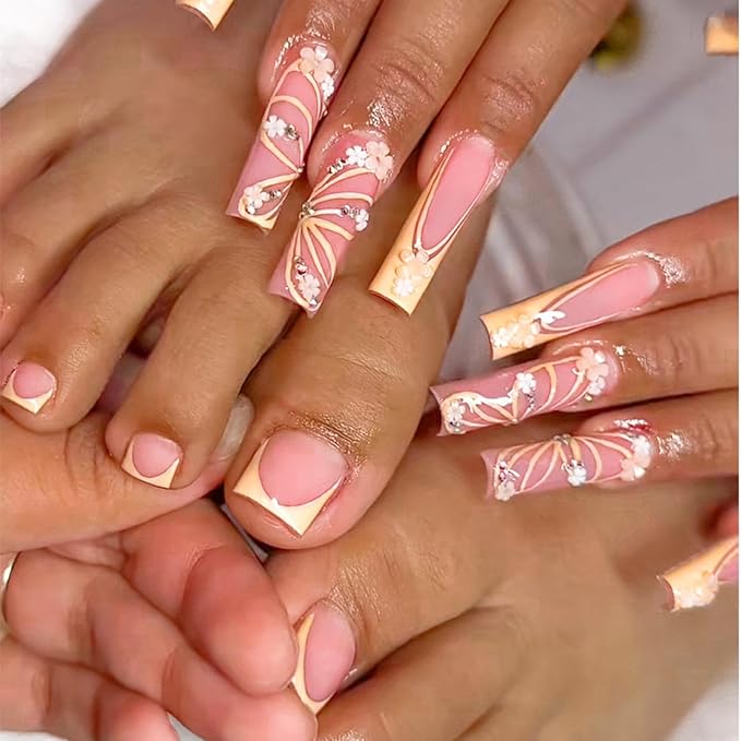 48Pcs Yellow French tips Press on Toenails Press on Nails Long Square Fake Nails with Design Flower Glue on Nails Butterfly False Nails Glossy Reusable Summer Nails Toenails for Women Manicure