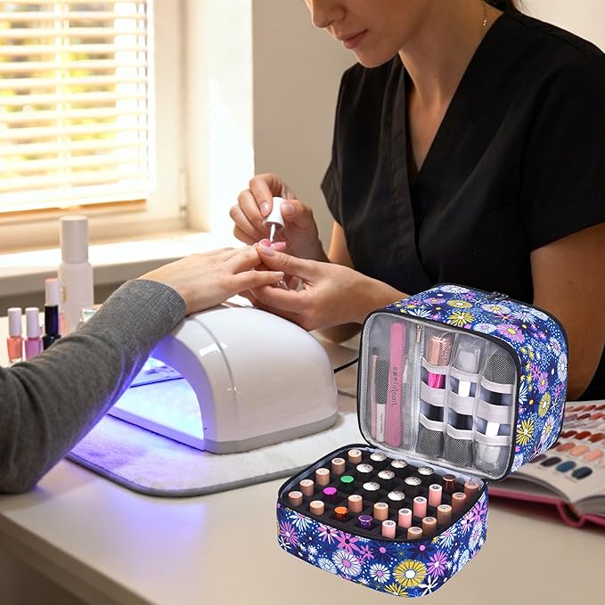 Upgraded Nail Polish Organizer Case - Holds 30 Bottles and 1 Nail Light, Double-layer Nail Bag Organizer Case Nail Polish Storage Bag with Handles (Style B-Flower)