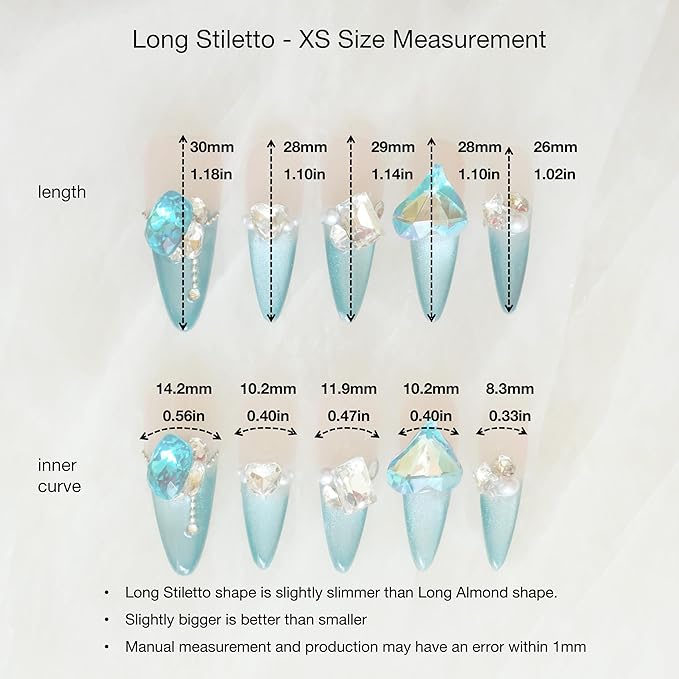Luxury Long Stiletto Press-On Nails, Turquoise Blue Stiletto with 3D Crystals and Pearls, Handmade False Nail 10 Pieces (XS, LS)
