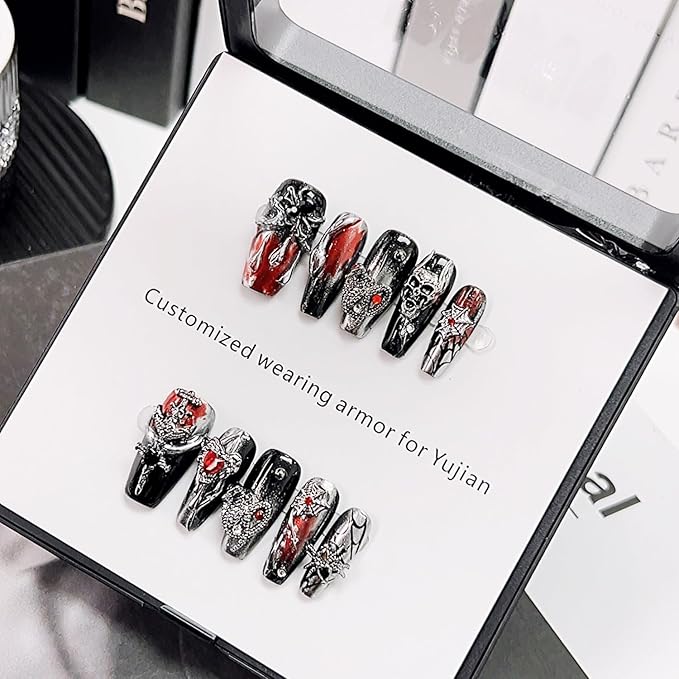Halloween Press on Nails Handmade Manicure Art Reusable False Nails with Luxury 3D Skull Spider Web and Red Heart Designs Thick Acrylic Nail Medium Coffin Stick on Nail for Women (Size M)