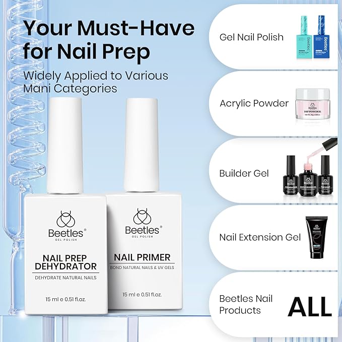 Beetles 4 Pcs 15ml Gel Top Coat and Base Coat Set with Nail Dehydrator and Primer, Professional Nail Prep Acid-Free and Hema-Free Dehydrate Bond Primer Set for Gel Nail Polish