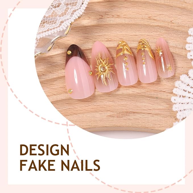 Almond Press on Nails Medium Fake Nails Gold Artificial Nail Brown French Gold Charm Stick on Nail for Women 24pcs