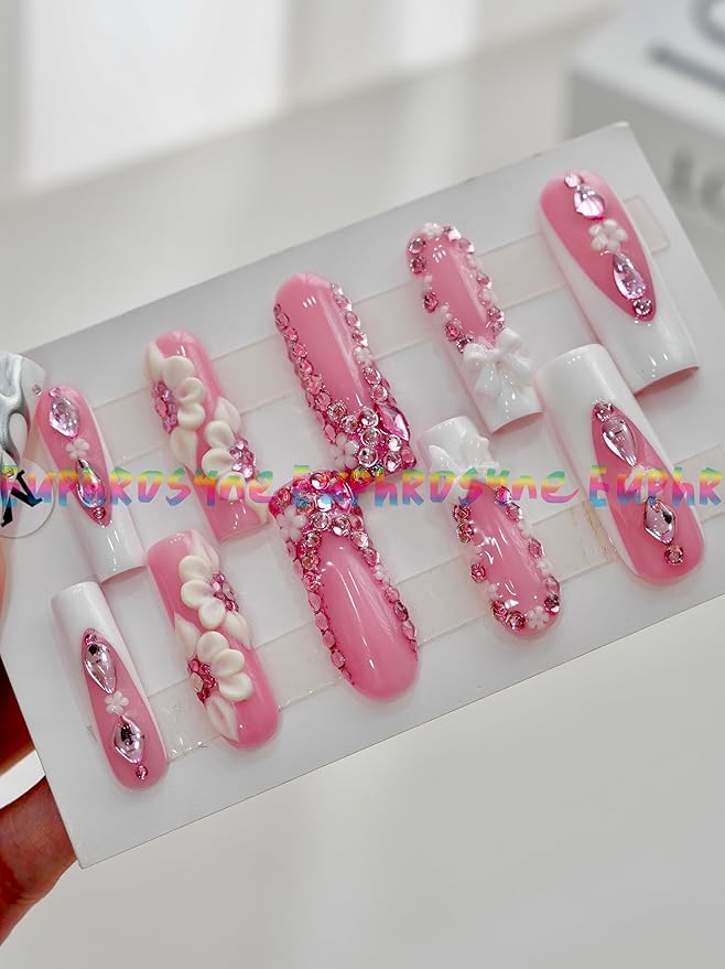 10PCS Pink Glitter Press On Nails – Long Coffin Fake Nails with 3D Flowers, Rhinestones & Scalloped Edge Design, Glossy Reusable Sparkly Nails for Women and Girls – Euphrosyne