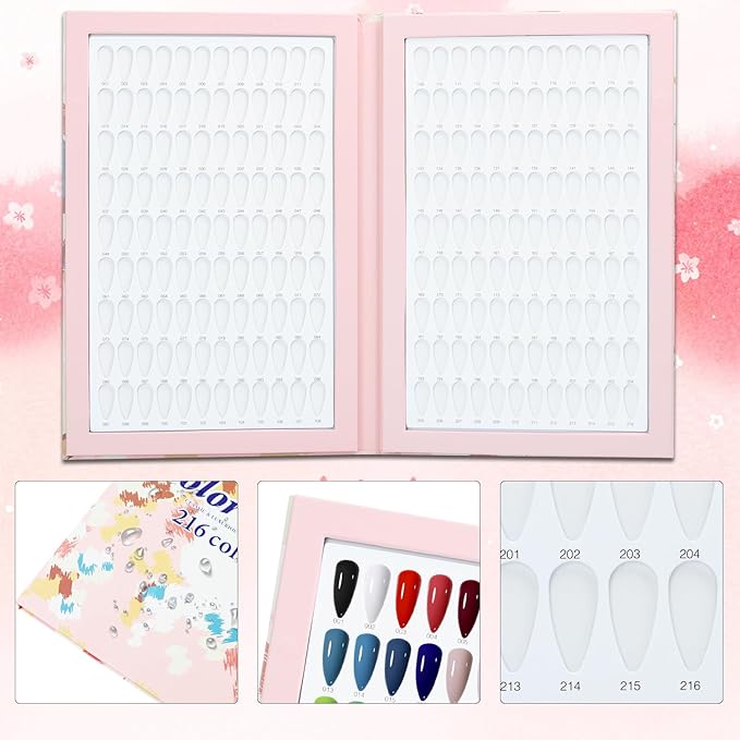216 Nail Colors Book,Nail Color Display Book with 240 Nail Tips & 1-300 Number Labels,Professional Nail Color Swatches Book for Nail Polish Nails Art Design(Pink)